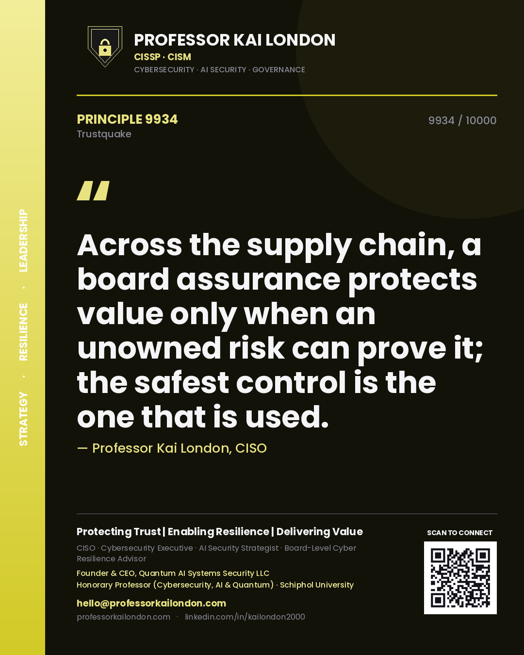 Professor Kai London principle 9934: Across the supply chain, a board assurance protects value only when an unowned risk can prove it; the safest control is the one that is used.