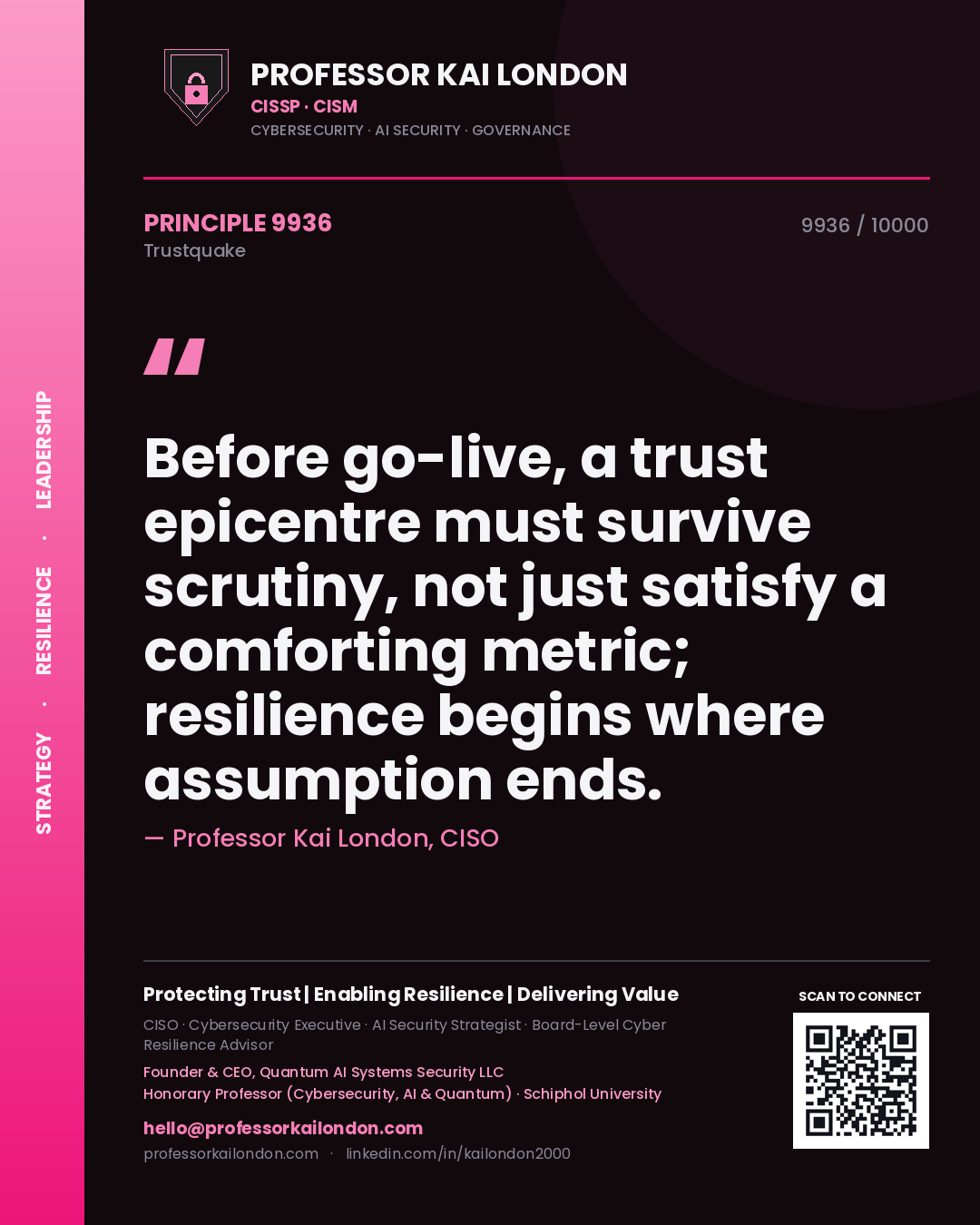 Professor Kai London principle 9936: Before go-live, a trust epicentre must survive scrutiny, not just satisfy a comforting metric; resilience begins where assumption ends.
