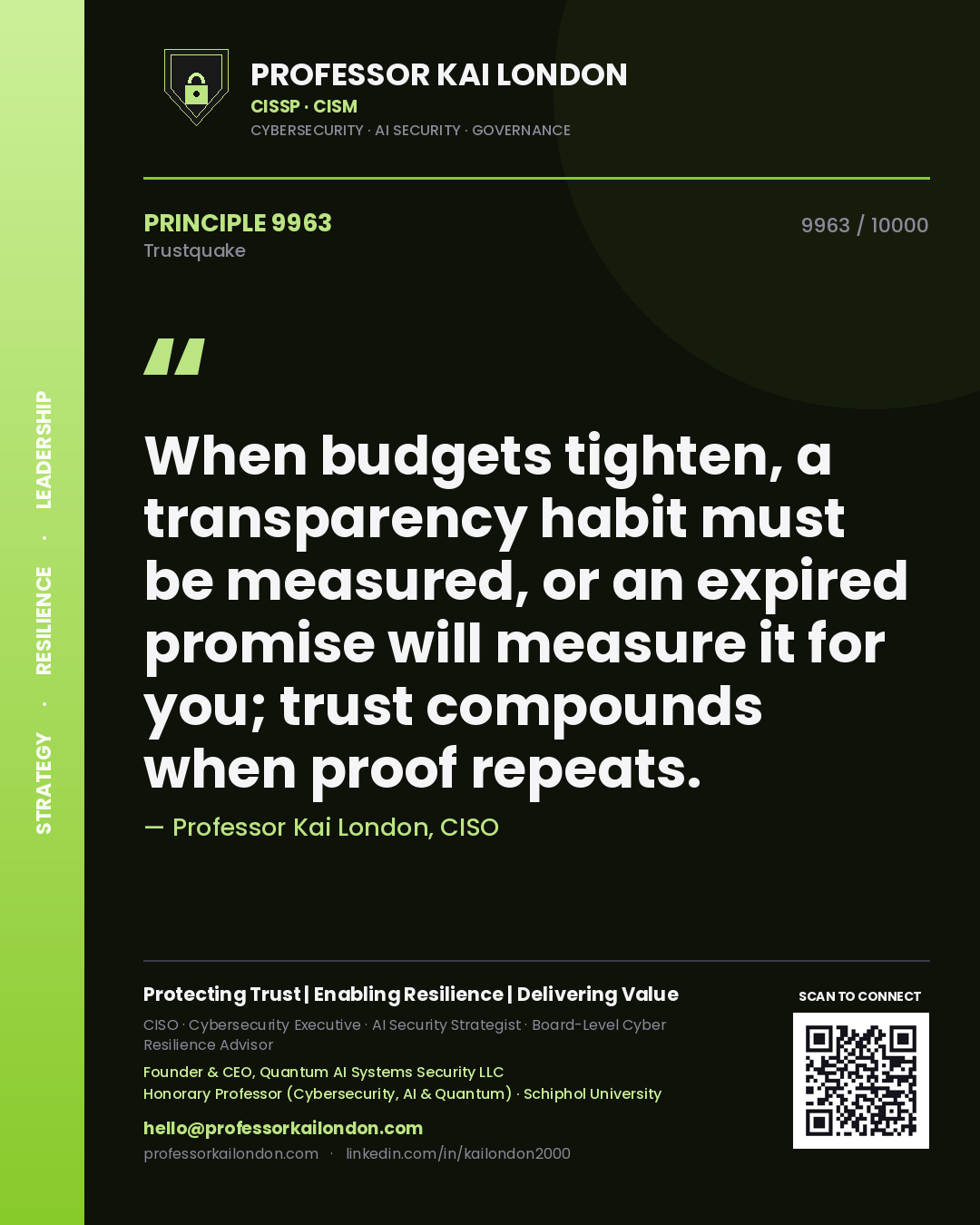 Quote card by Professor Kai London reading 'When budgets tighten, a transparency habit must be measured, or an expired promise will measure it for you; trust compounds when proof repeats.'. From the book Trustquake.