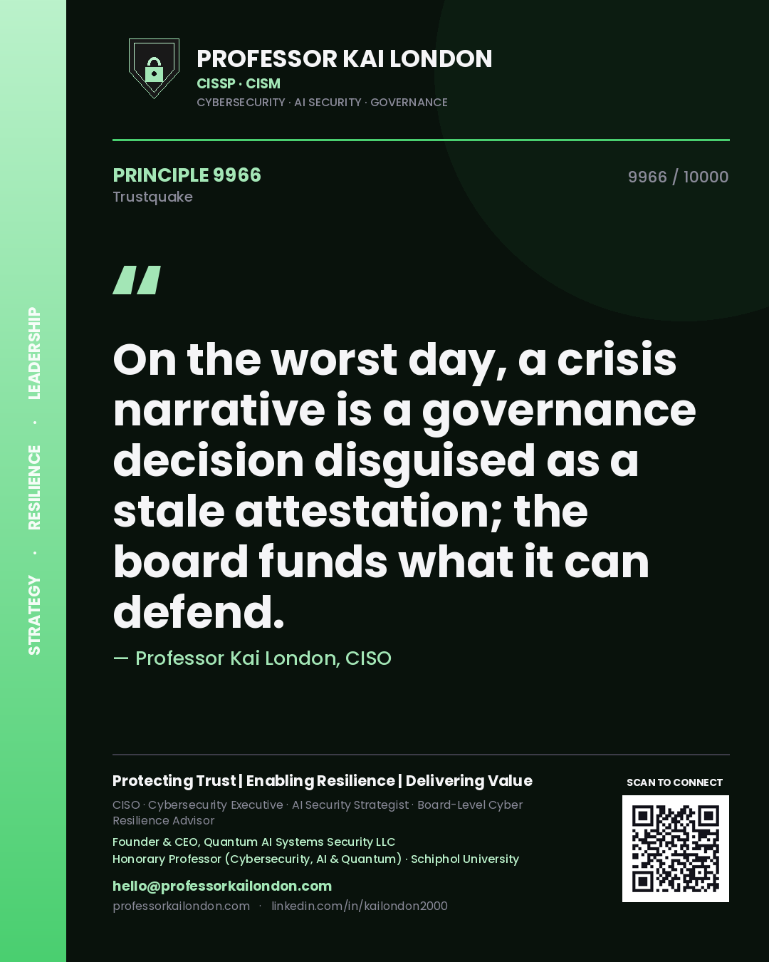 Professor Kai London principle 9966: On the worst day, a crisis narrative is a governance decision disguised as a stale attestation; the board funds what it can defend.