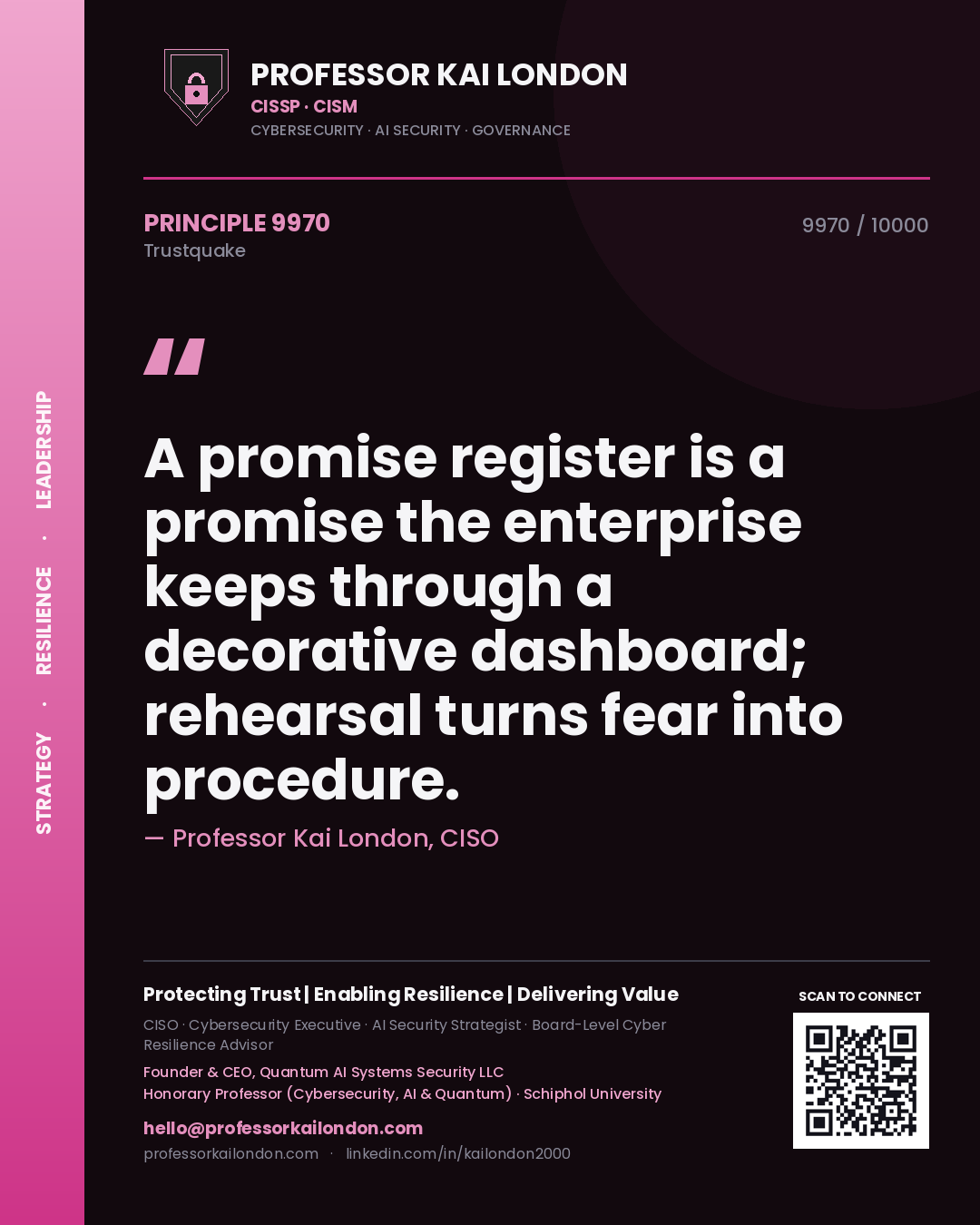 Professor Kai London principle 9970: A promise register is a promise the enterprise keeps through a decorative dashboard; rehearsal turns fear into procedure.