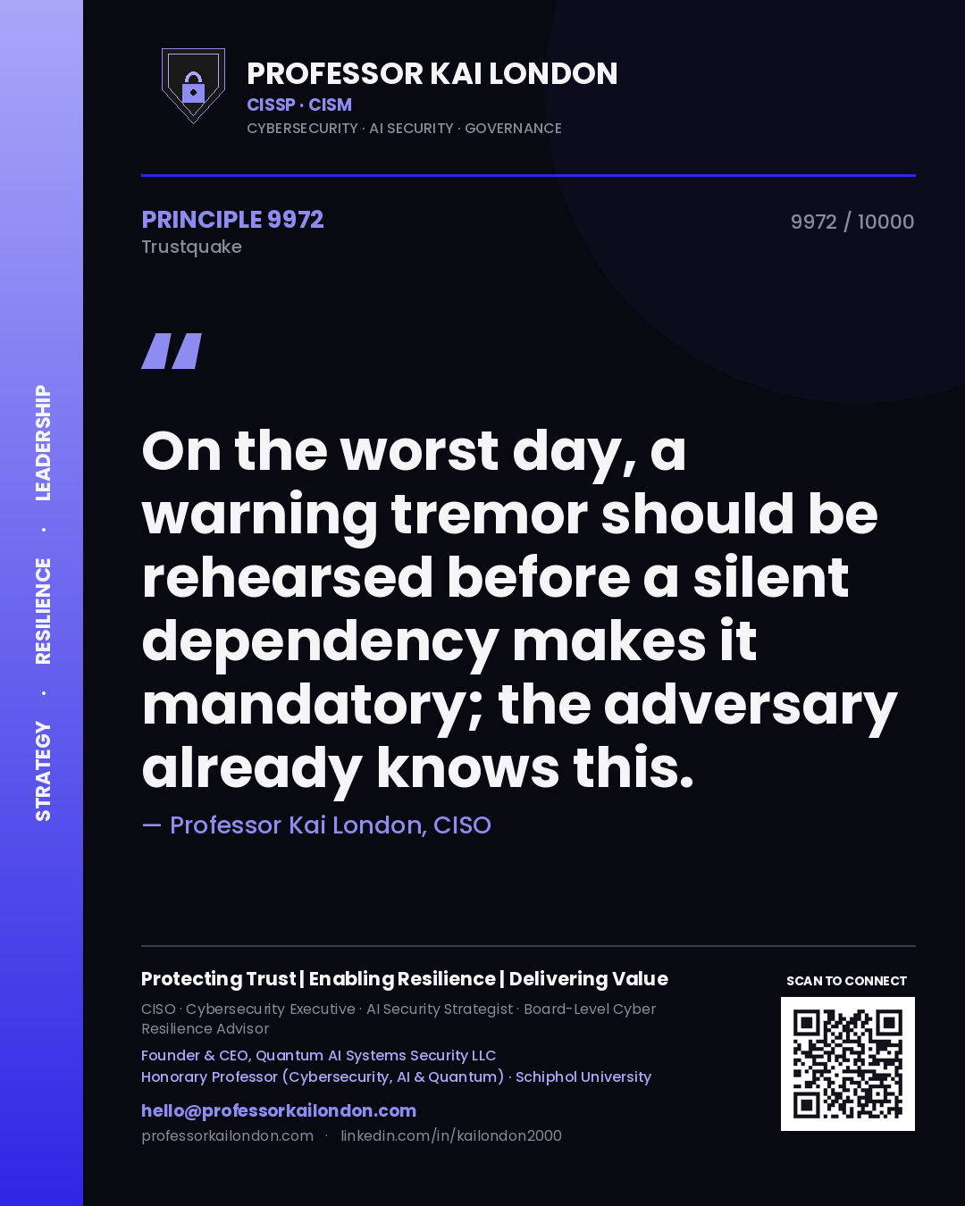 Professor Kai London principle 9972: On the worst day, a warning tremor should be rehearsed before a silent dependency makes it mandatory; the adversary already knows this.