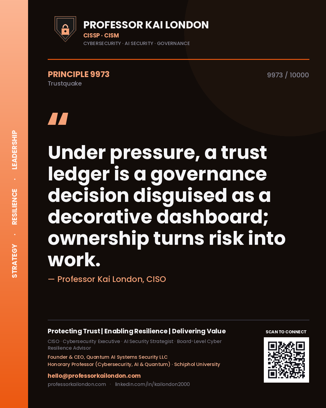 Quote card by Professor Kai London reading 'Under pressure, a trust ledger is a governance decision disguised as a decorative dashboard; ownership turns risk into work.'. From the book Trustquake.