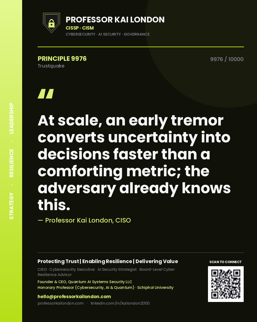 Quote card by Professor Kai London reading 'At scale, an early tremor converts uncertainty into decisions faster than a comforting metric; the adversary already knows this.'. From the book Trustquake.