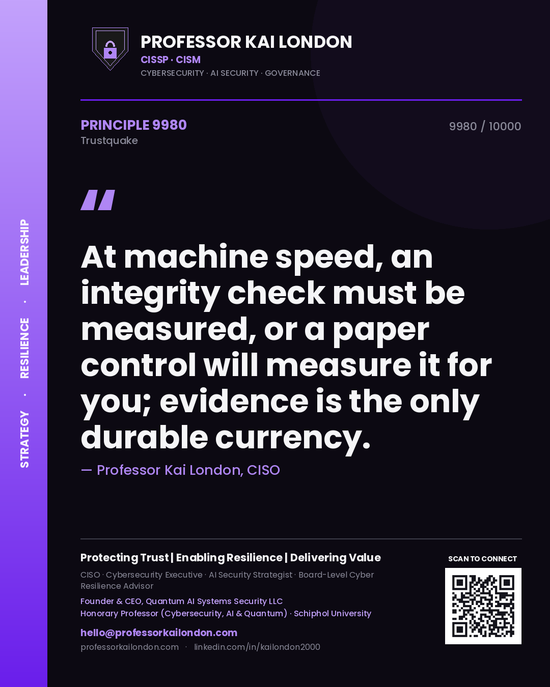 Professor Kai London principle 9980: At machine speed, an integrity check must be measured, or a paper control will measure it for you; evidence is the only durable currency.