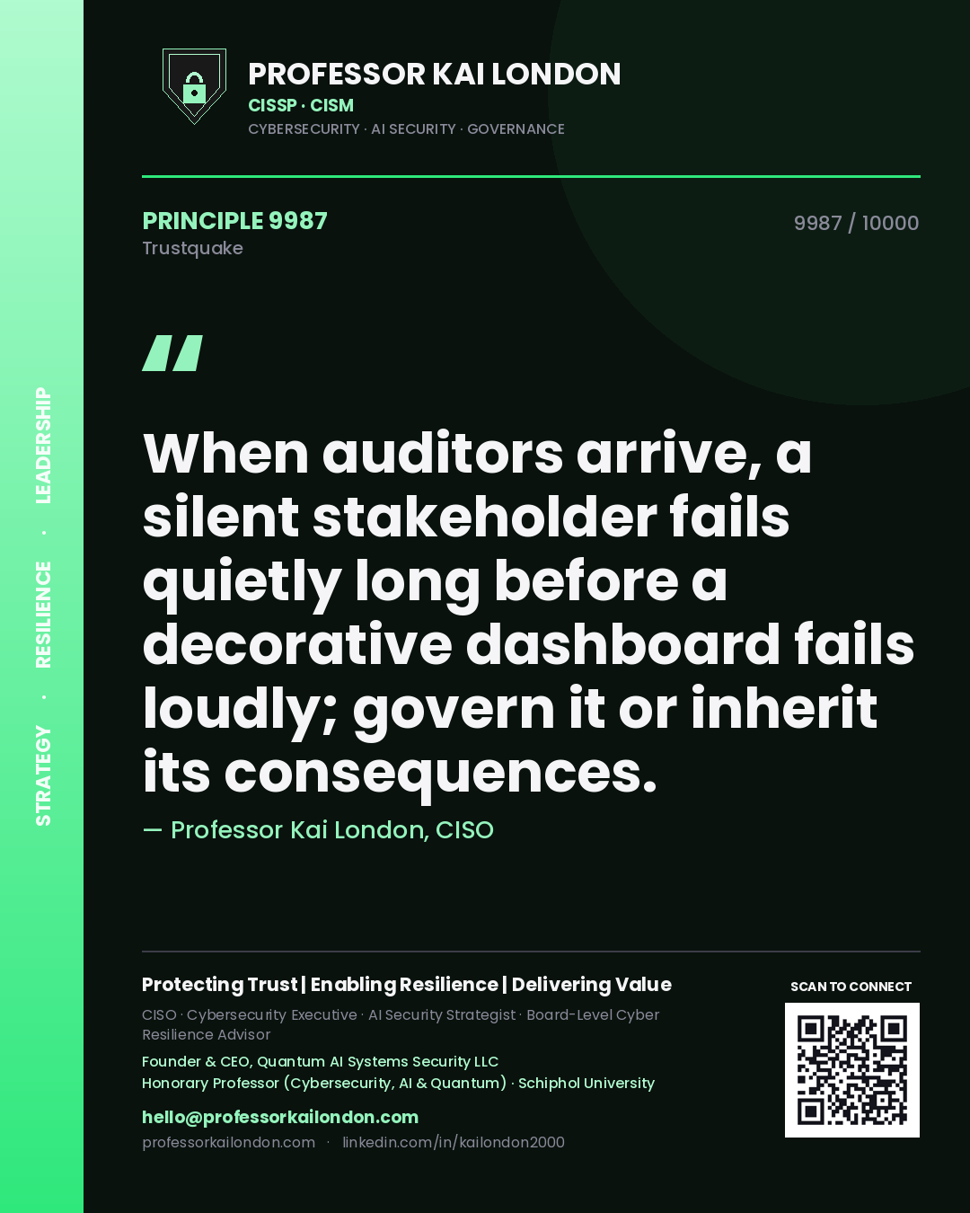 Professor Kai London principle 9987: When auditors arrive, a silent stakeholder fails quietly long before a decorative dashboard fails loudly; govern it or inherit its consequences.