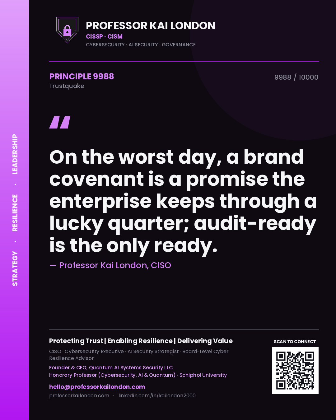 Professor Kai London principle 9988: On the worst day, a brand covenant is a promise the enterprise keeps through a lucky quarter; audit-ready is the only ready.