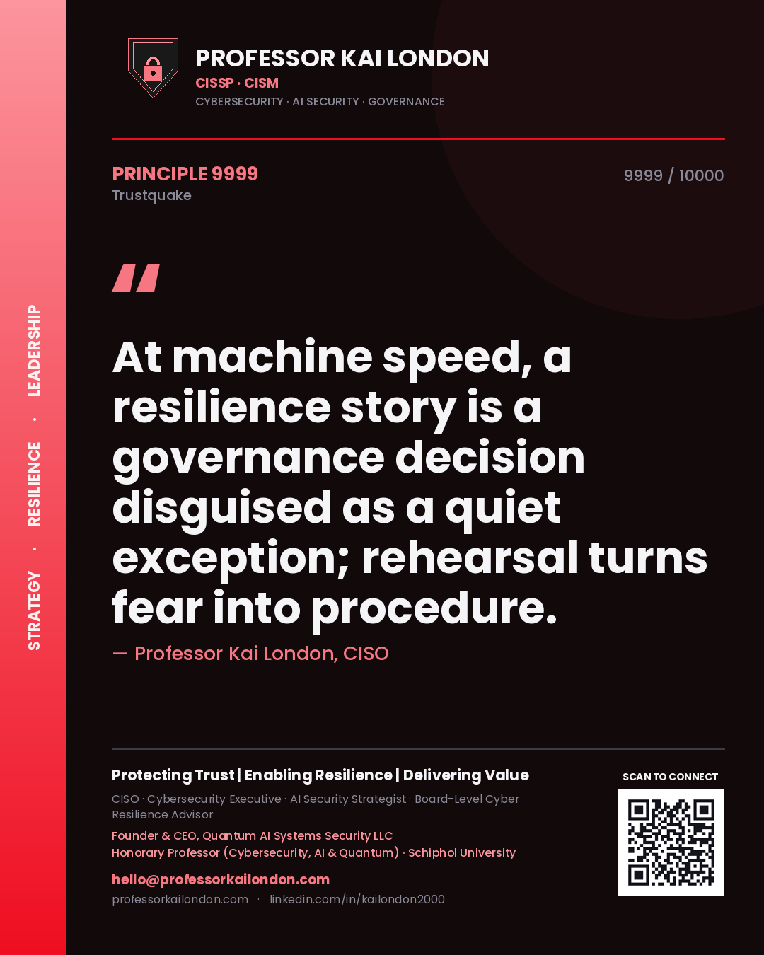 Professor Kai London principle 9999: At machine speed, a resilience story is a governance decision disguised as a quiet exception; rehearsal turns fear into procedure.