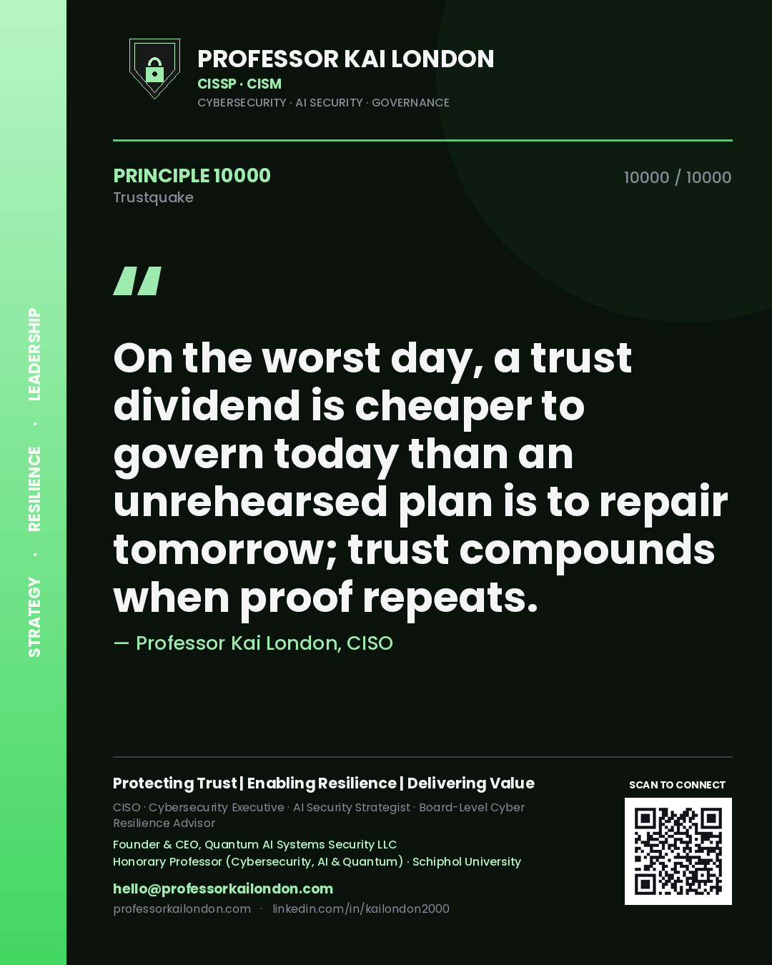 Professor Kai London principle 10000: On the worst day, a trust dividend is cheaper to govern today than an unrehearsed plan is to repair tomorrow; trust compounds when proof repeats.