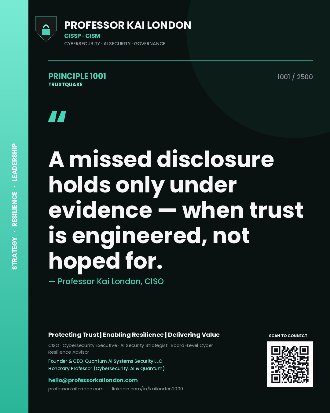 Quote card by Professor Kai London reading 'A missed disclosure holds only under evidence — when trust is engineered, not hoped for.'. From the book Trustquake.