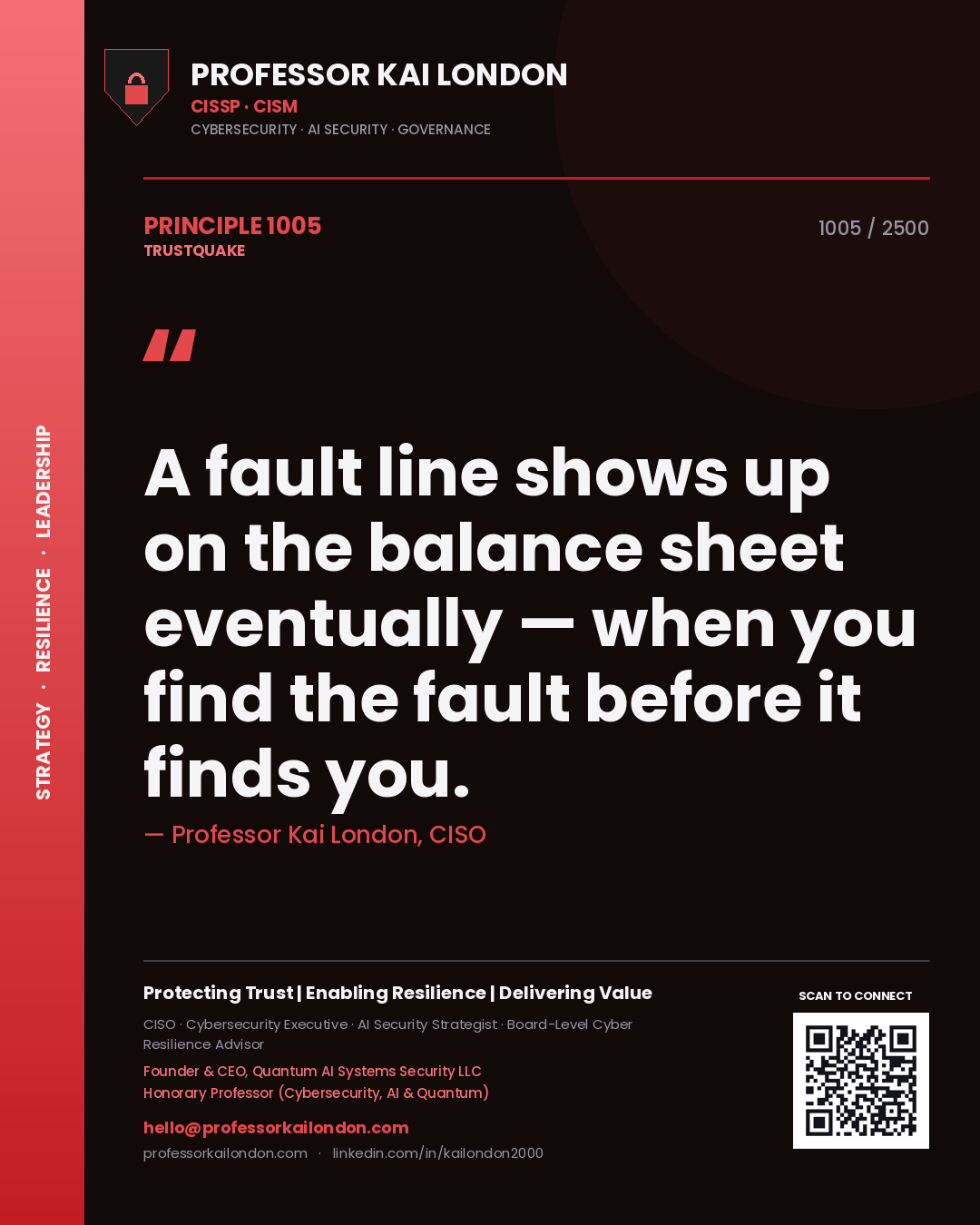Professor Kai London principle 1005: A fault line shows up on the balance sheet eventually — when you find the fault before it finds you.