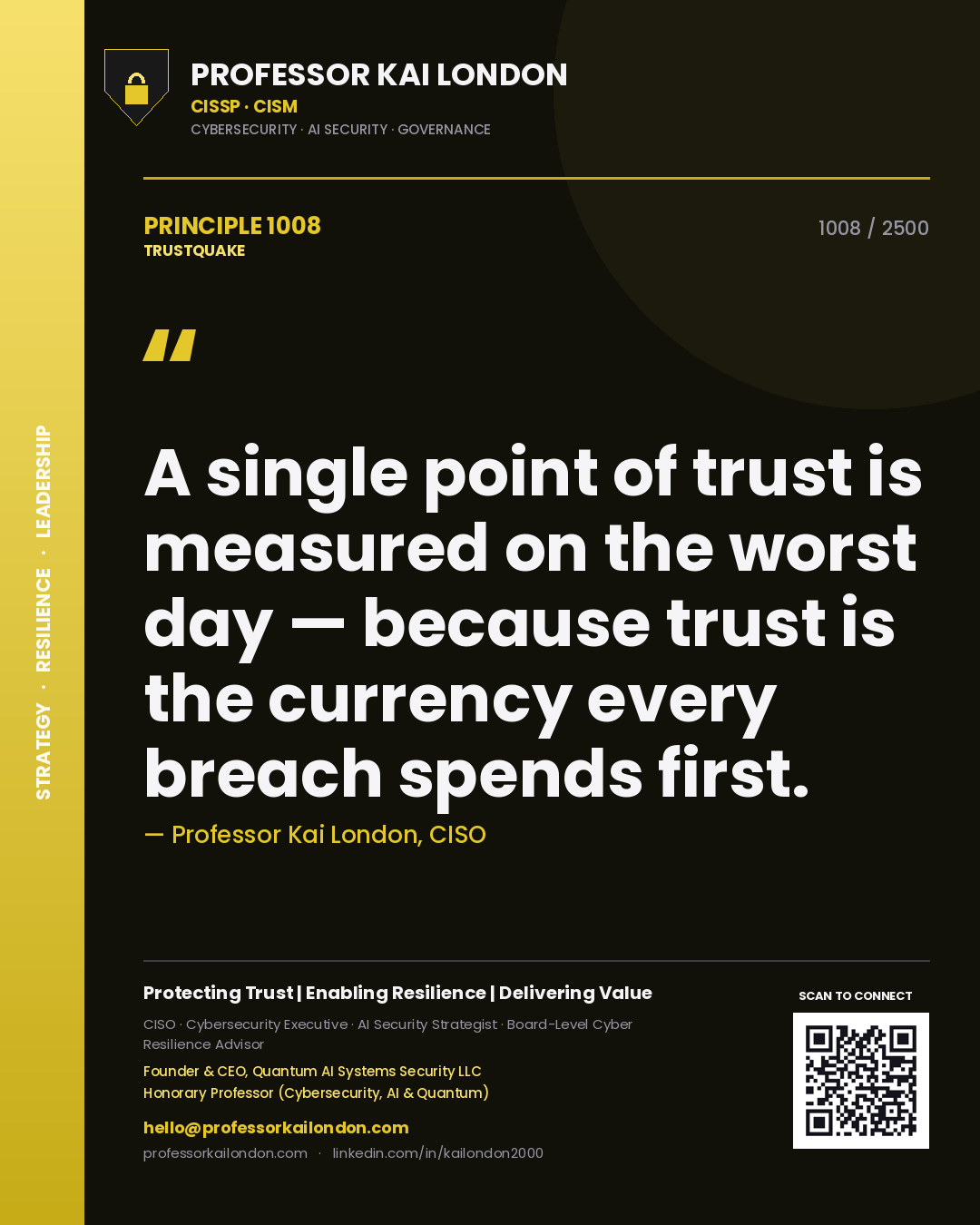 Professor Kai London principle 1008: A single point of trust is measured on the worst day — because trust is the currency every breach spends first.