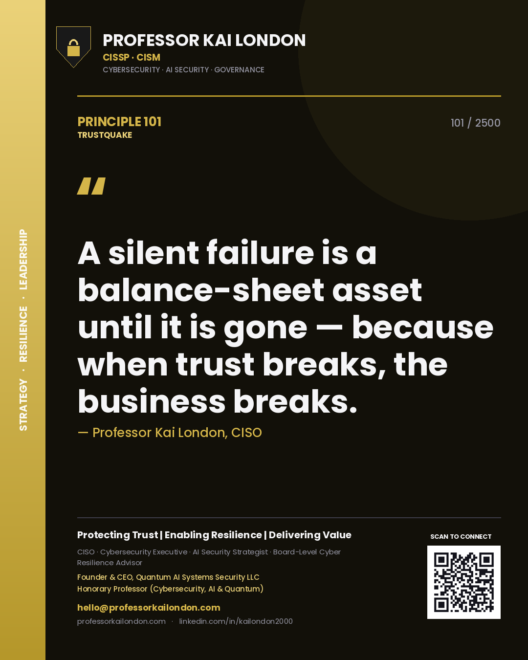 Quote card by Professor Kai London reading 'A silent failure is a balance-sheet asset until it is gone — because when trust breaks, the business breaks.'. From the book Trustquake.