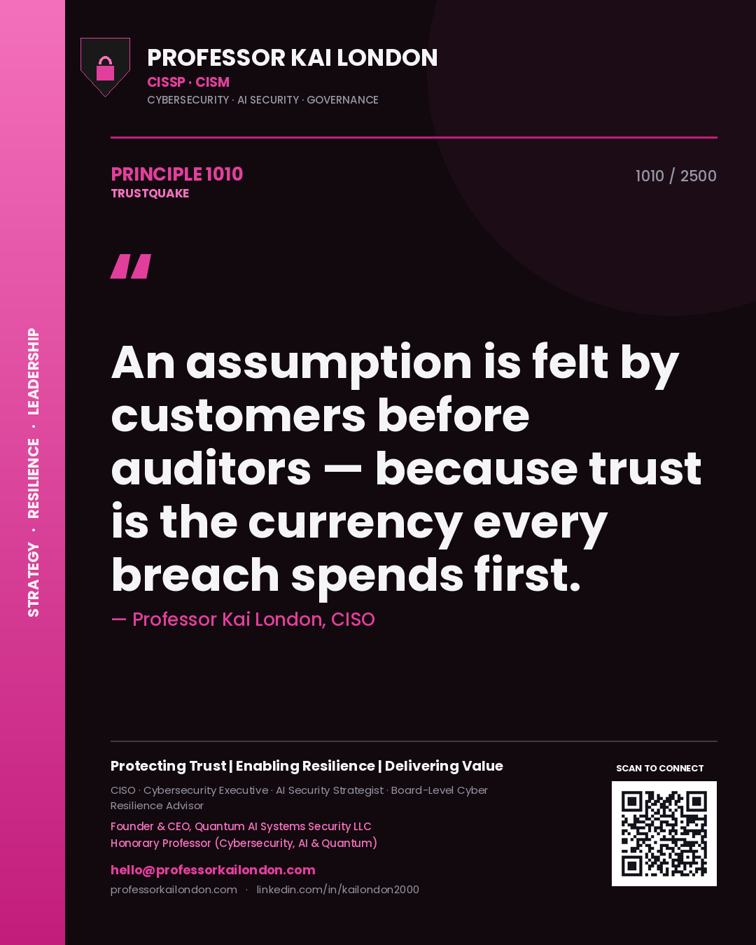 Professor Kai London principle 1010: An assumption is felt by customers before auditors — because trust is the currency every breach spends first.