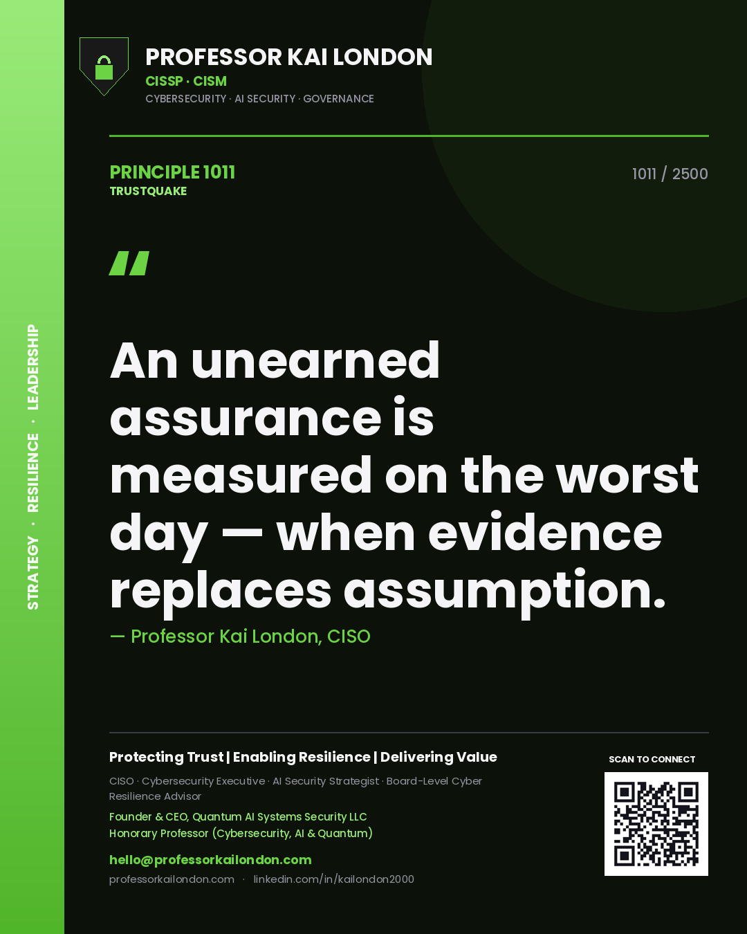 Professor Kai London principle 1011: An unearned assurance is measured on the worst day — when evidence replaces assumption.