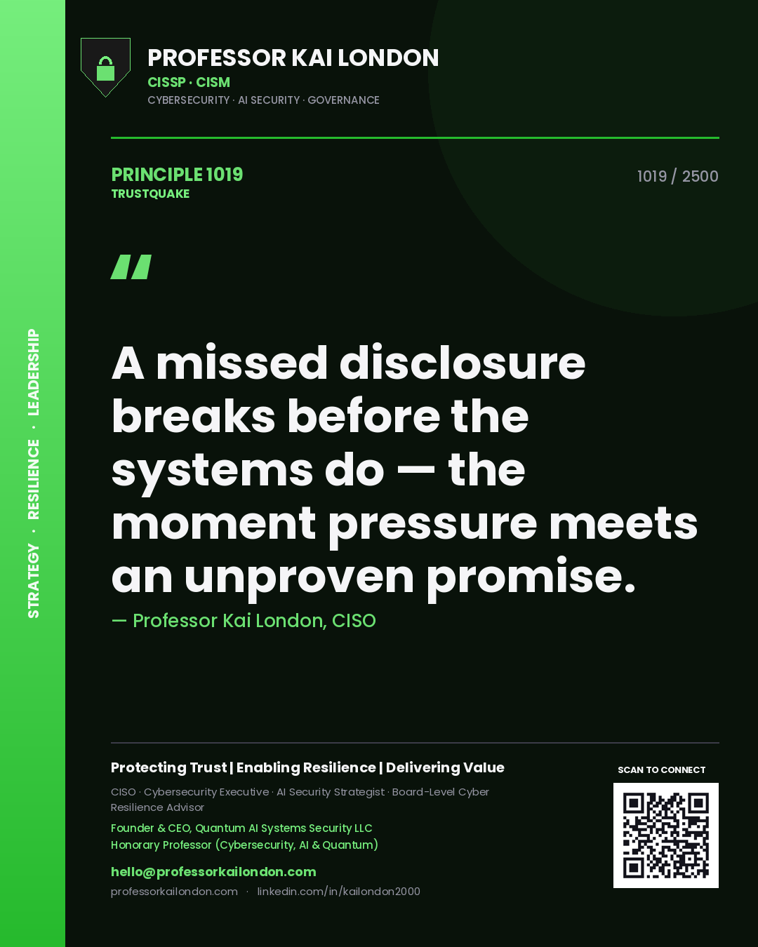 Professor Kai London principle 1019: A missed disclosure breaks before the systems do — the moment pressure meets an unproven promise.