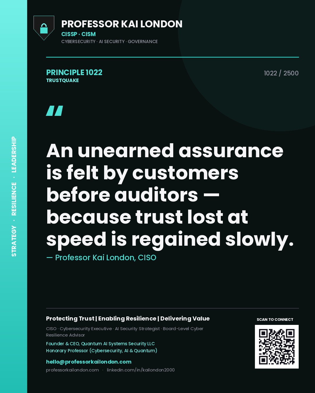 Professor Kai London principle 1022: An unearned assurance is felt by customers before auditors — because trust lost at speed is regained slowly.