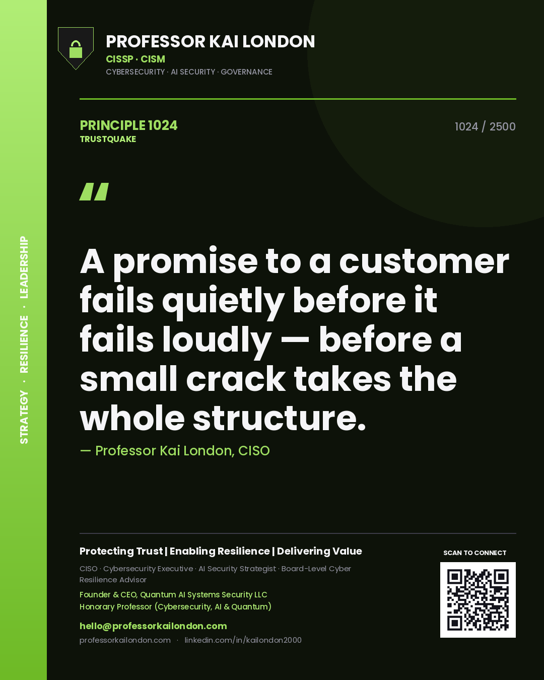 Professor Kai London principle 1024: A promise to a customer fails quietly before it fails loudly — before a small crack takes the whole structure.