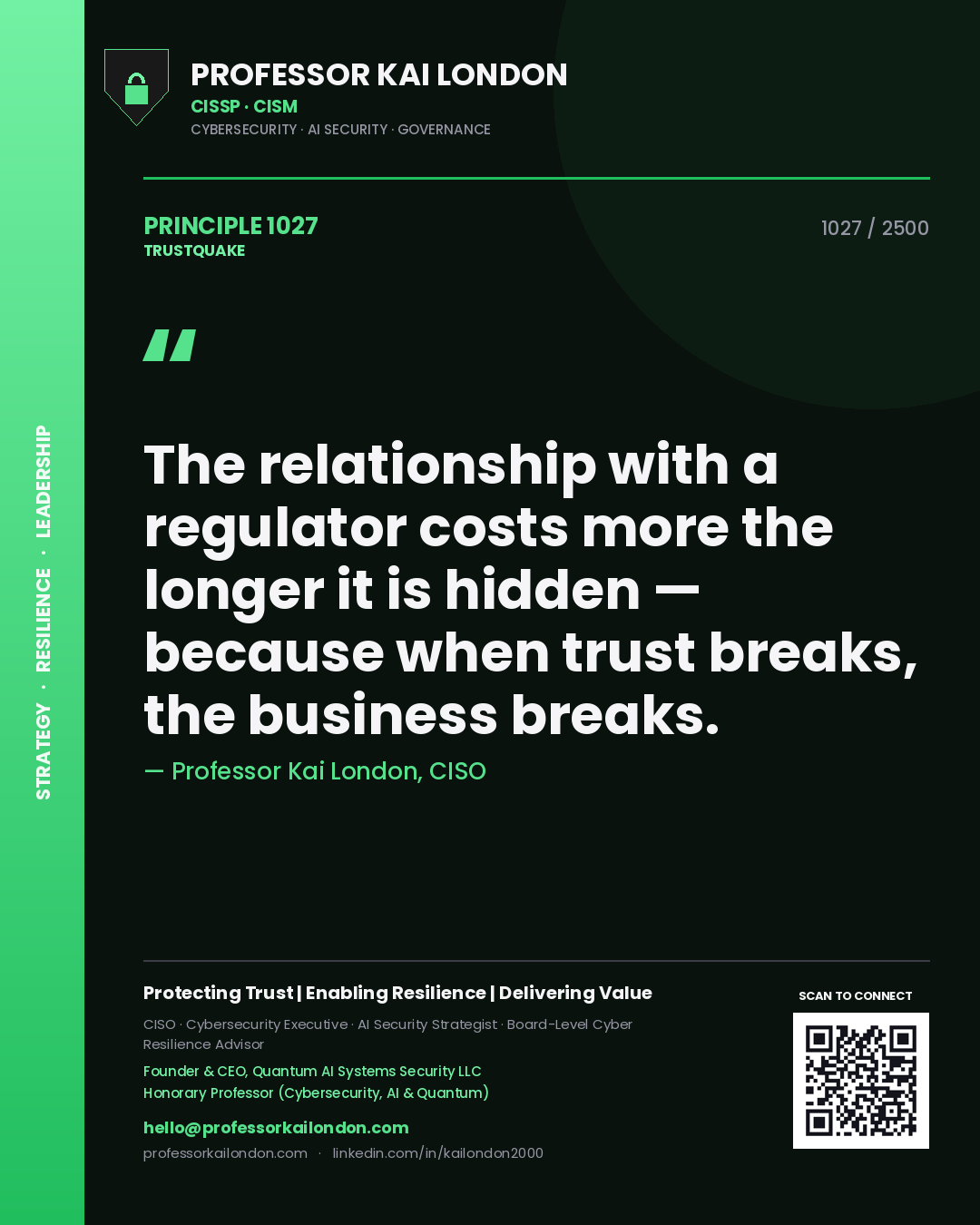 Professor Kai London principle 1027: The relationship with a regulator costs more the longer it is hidden — because when trust breaks, the business breaks.