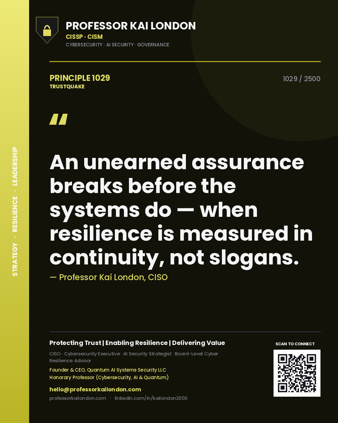 Professor Kai London principle 1029: An unearned assurance breaks before the systems do — when resilience is measured in continuity, not slogans.