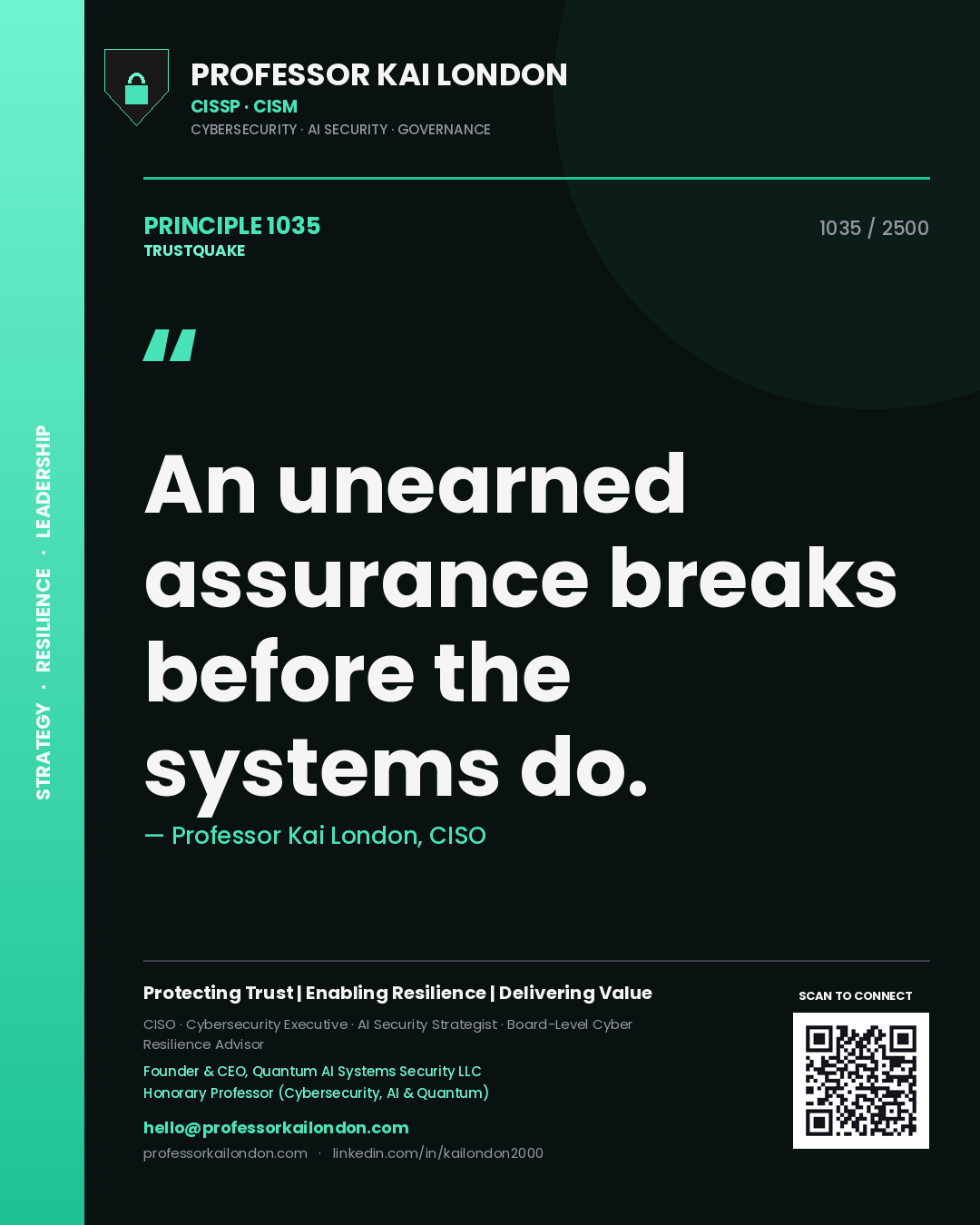 Quote card by Professor Kai London reading 'An unearned assurance breaks before the systems do.'. From the book Trustquake.