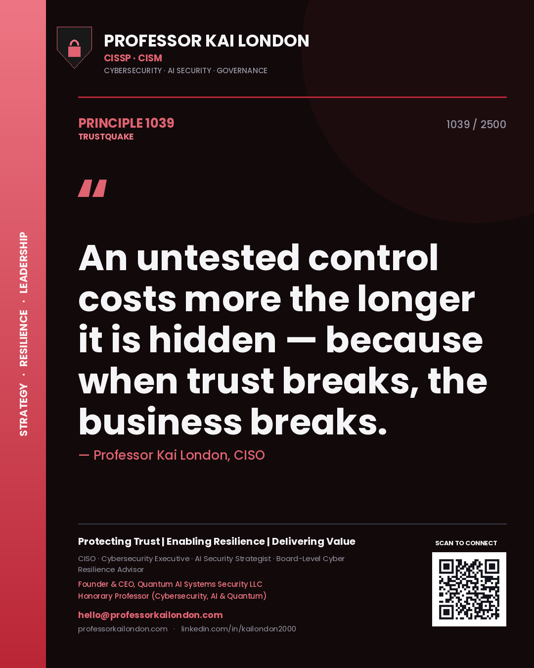 Quote card by Professor Kai London reading 'An untested control costs more the longer it is hidden — because when trust breaks, the business breaks.'. From the book Trustquake.