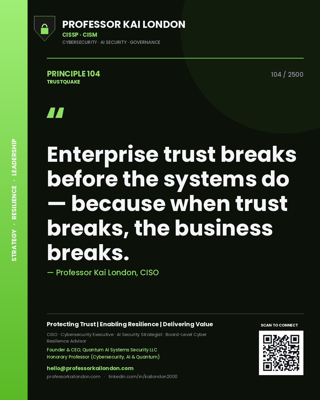 Quote card by Professor Kai London reading 'Enterprise trust breaks before the systems do — because when trust breaks, the business breaks.'. From the book Trustquake.