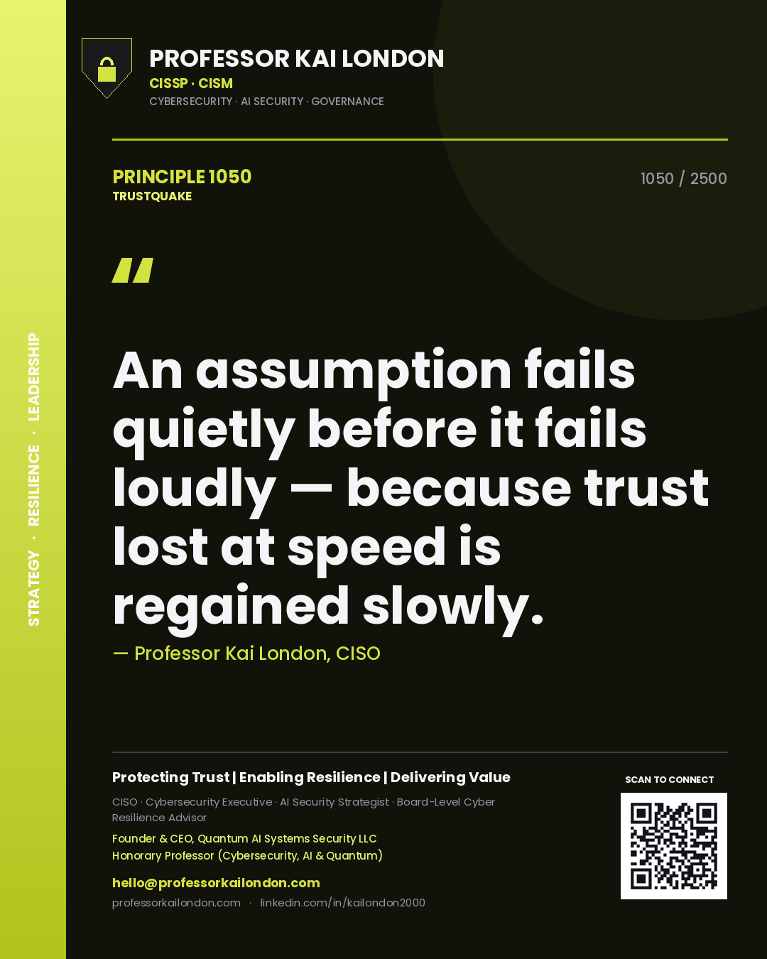 Professor Kai London principle 1050: An assumption fails quietly before it fails loudly — because trust lost at speed is regained slowly.