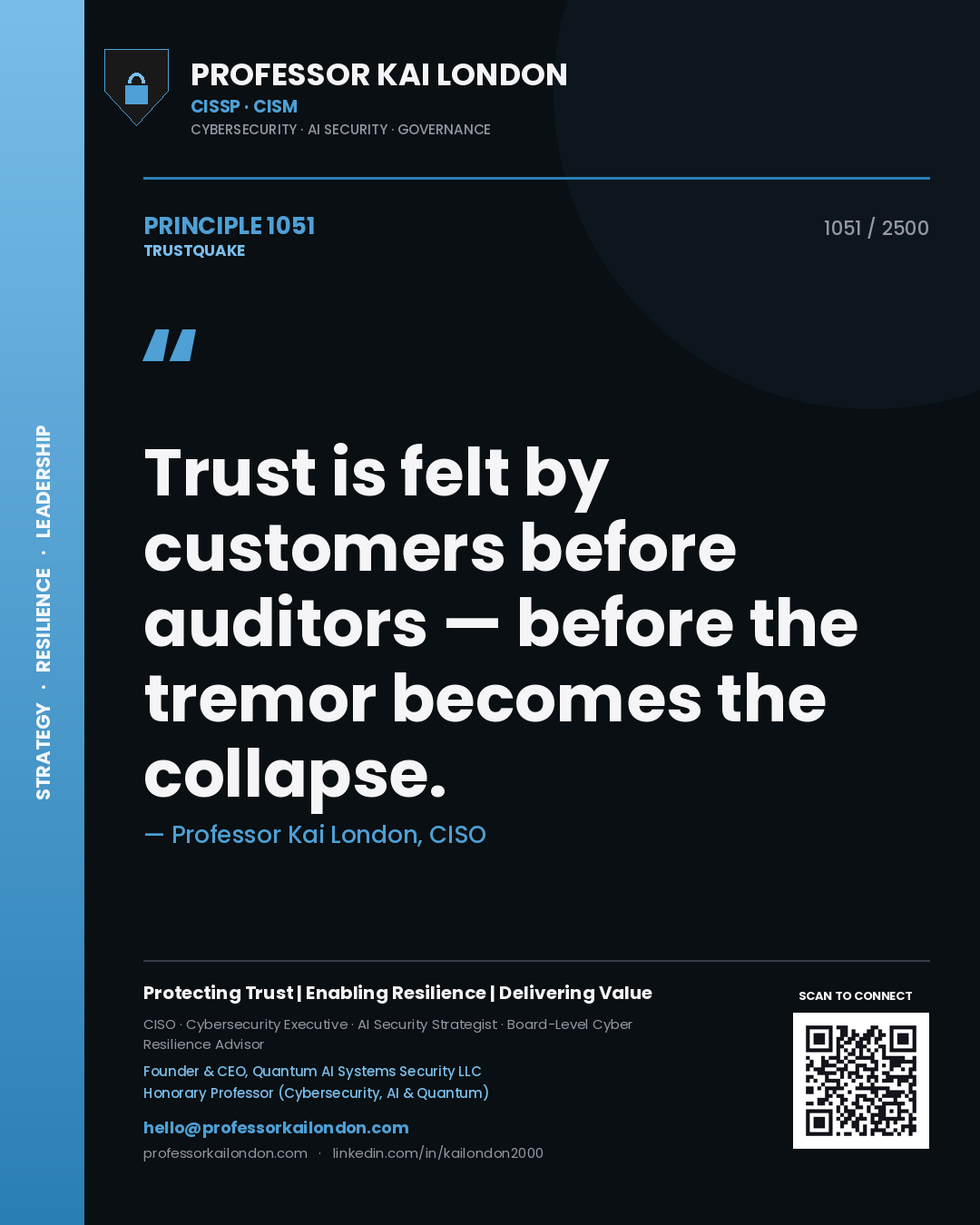 Professor Kai London principle 1051: Trust is felt by customers before auditors — before the tremor becomes the collapse.