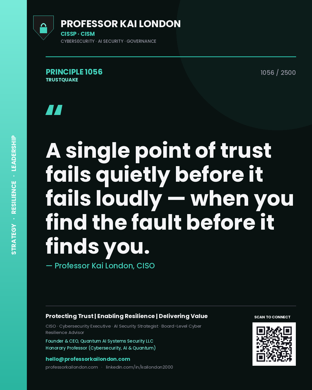 Professor Kai London principle 1056: A single point of trust fails quietly before it fails loudly — when you find the fault before it finds you.