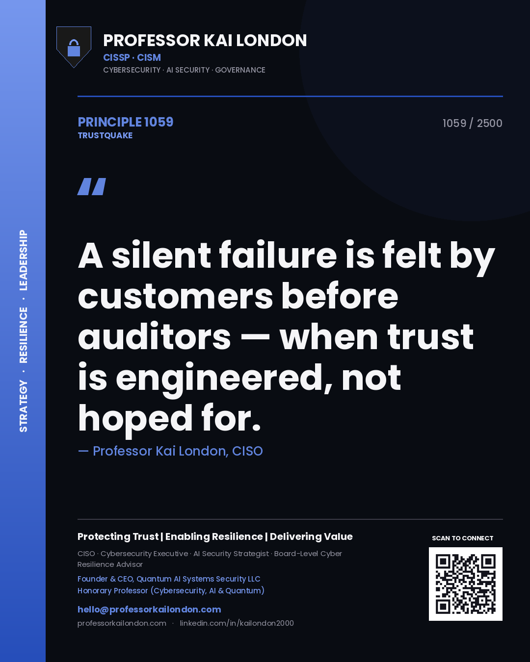 Professor Kai London principle 1059: A silent failure is felt by customers before auditors — when trust is engineered, not hoped for.