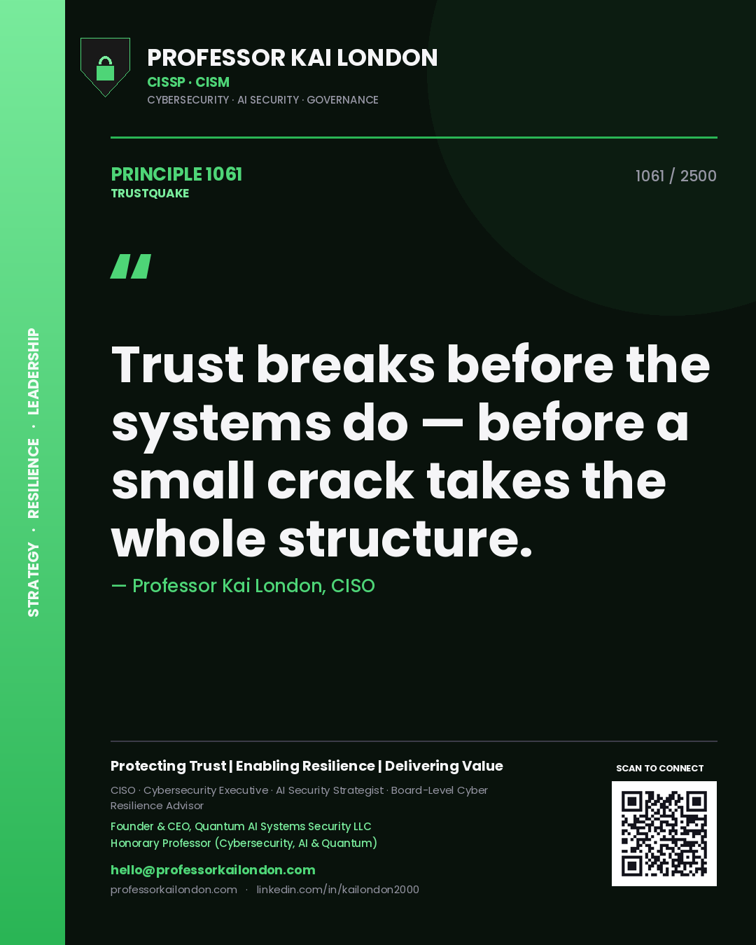 Professor Kai London principle 1061: Trust breaks before the systems do — before a small crack takes the whole structure.