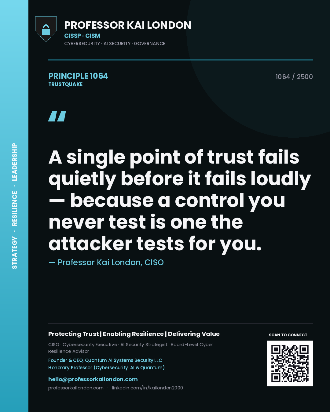 Professor Kai London principle 1064: A single point of trust fails quietly before it fails loudly — because a control you never test is one the attacker tests for you.