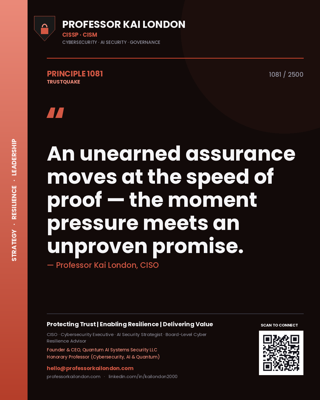Quote card by Professor Kai London reading 'An unearned assurance moves at the speed of proof — the moment pressure meets an unproven promise.'. From the book Trustquake.