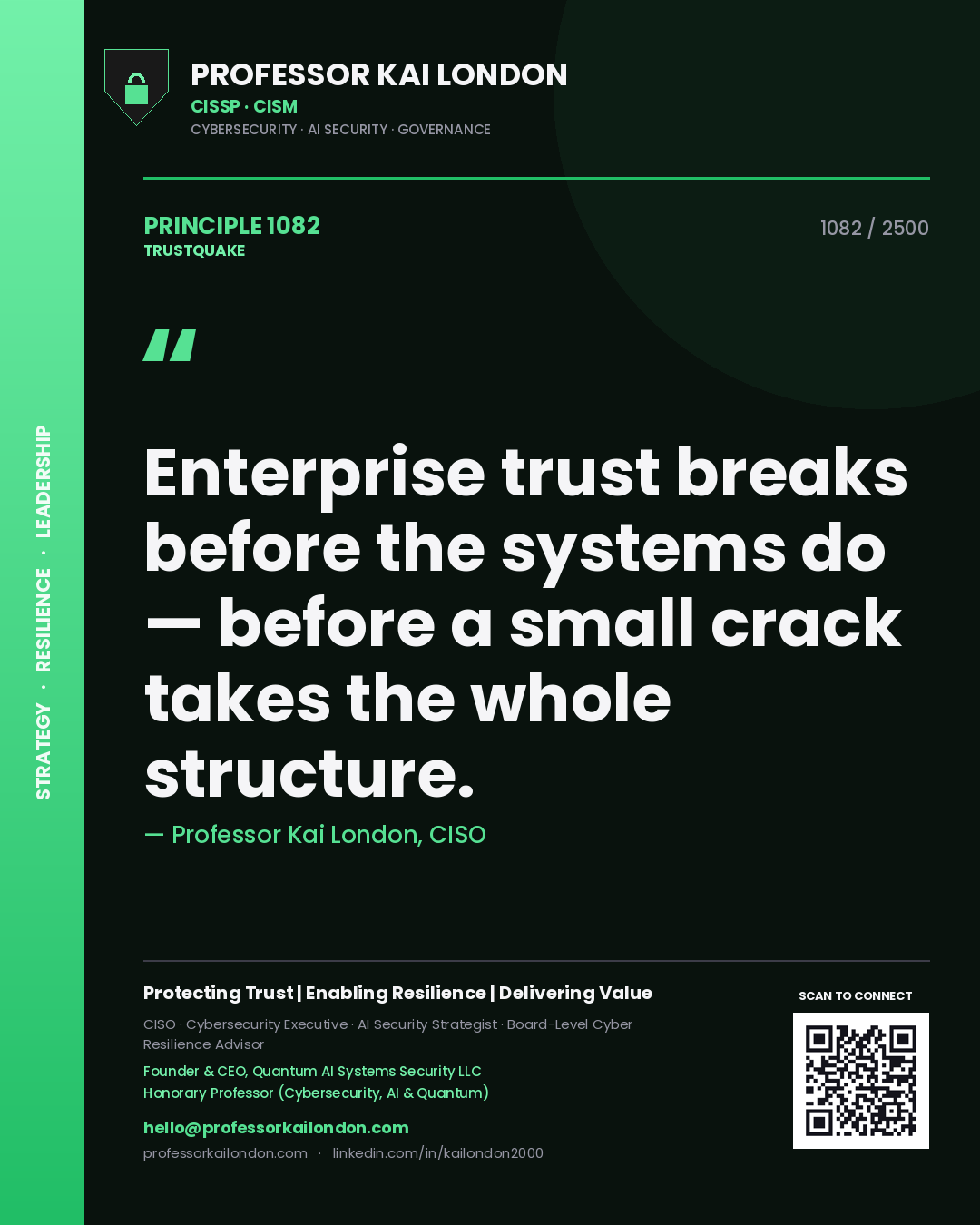 Professor Kai London principle 1082: Enterprise trust breaks before the systems do — before a small crack takes the whole structure.