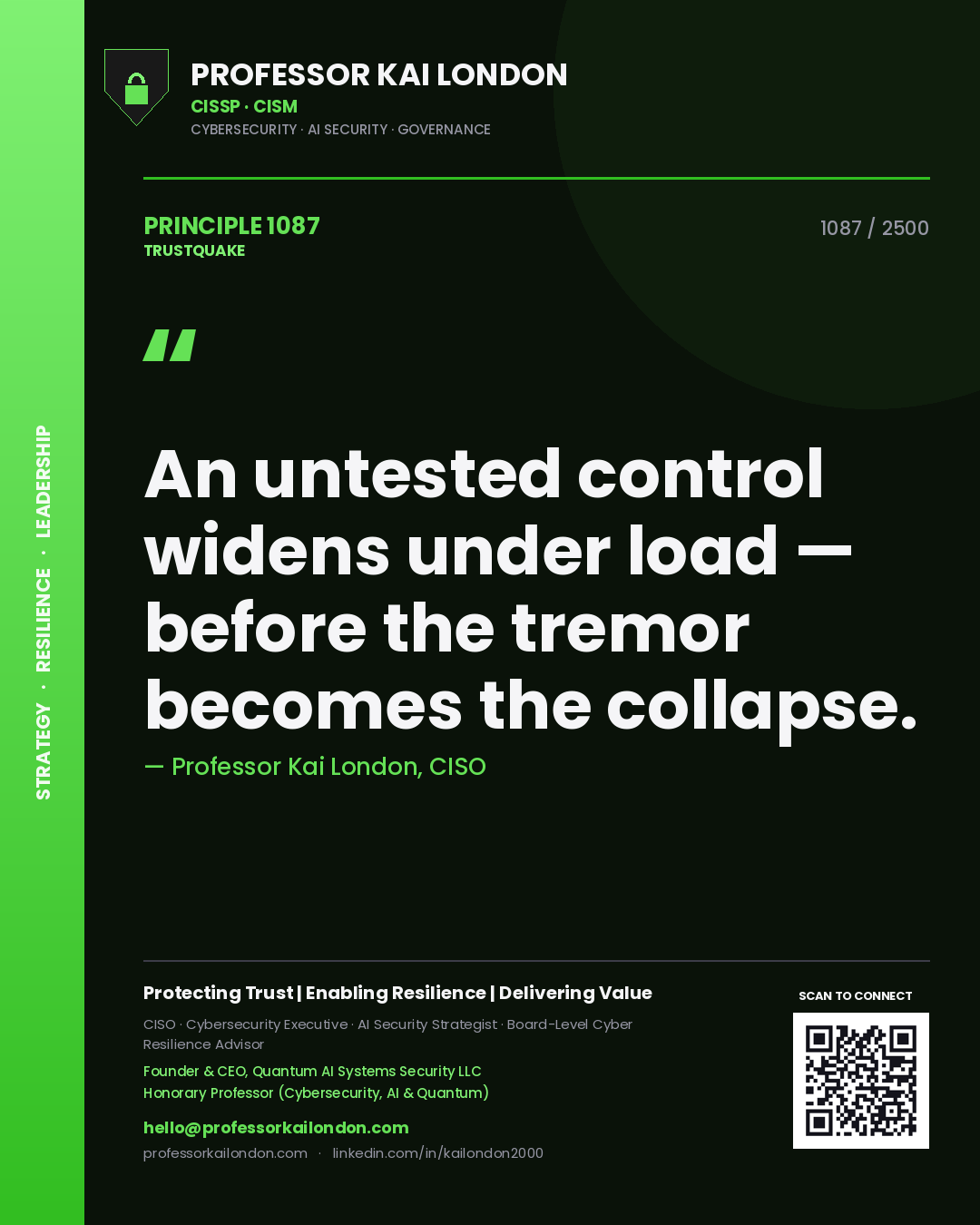 Professor Kai London principle 1087: An untested control widens under load — before the tremor becomes the collapse.