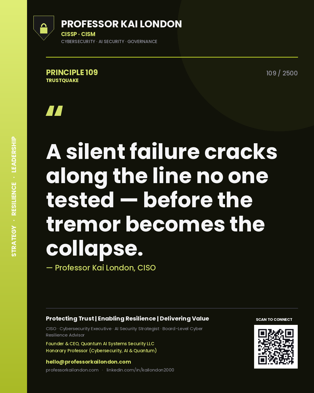 Quote card by Professor Kai London reading 'A silent failure cracks along the line no one tested — before the tremor becomes the collapse.'. From the book Trustquake.