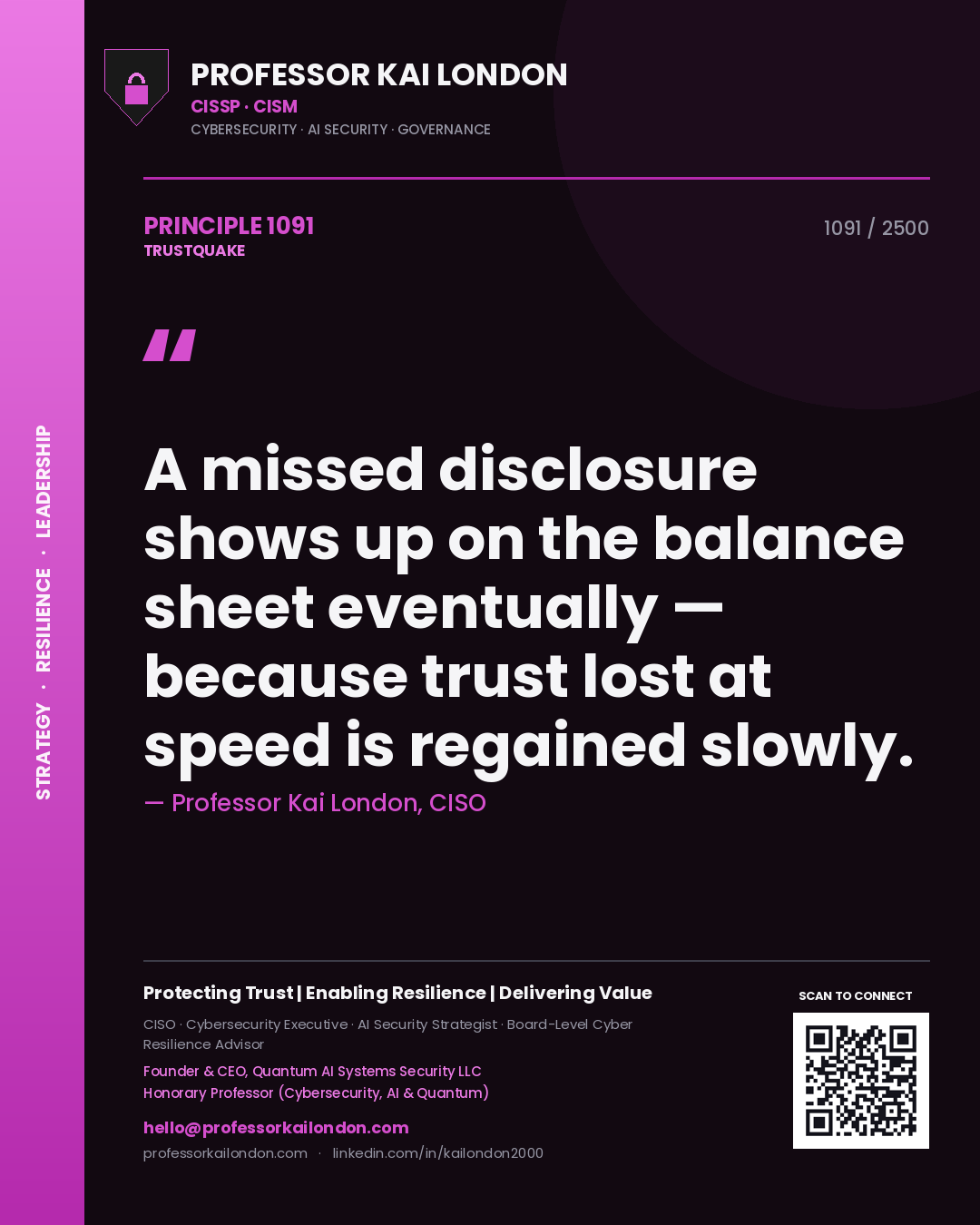 Professor Kai London principle 1091: A missed disclosure shows up on the balance sheet eventually — because trust lost at speed is regained slowly.