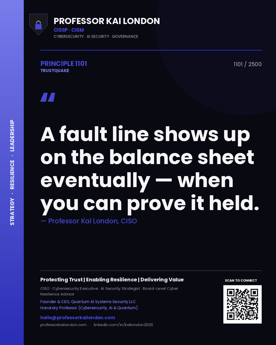 Quote card by Professor Kai London reading 'A fault line shows up on the balance sheet eventually — when you can prove it held.'. From the book Trustquake.