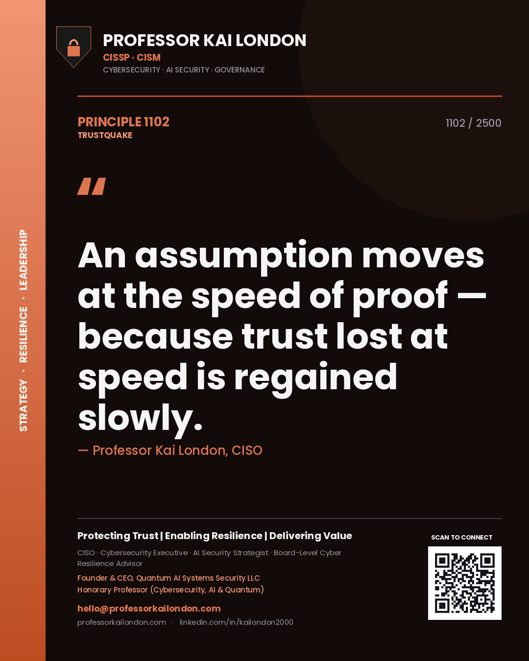 Professor Kai London principle 1102: An assumption moves at the speed of proof — because trust lost at speed is regained slowly.