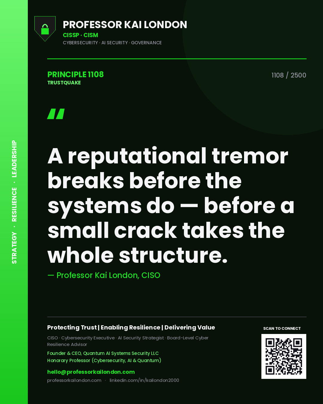 Professor Kai London principle 1108: A reputational tremor breaks before the systems do — before a small crack takes the whole structure.