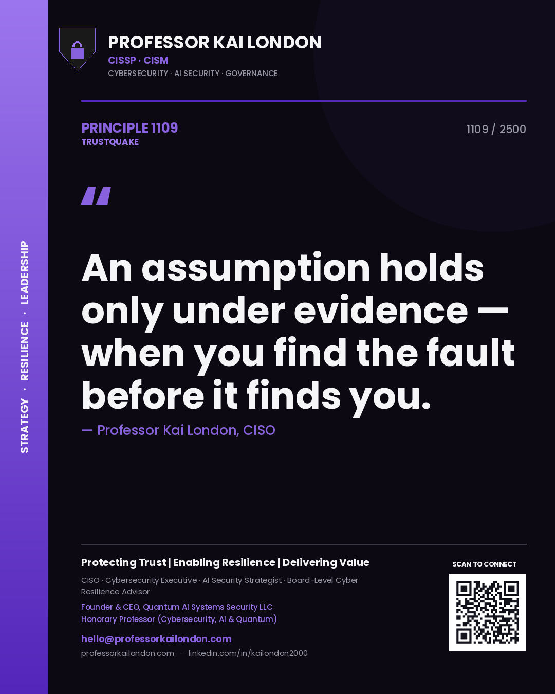 Quote card by Professor Kai London reading 'An assumption holds only under evidence — when you find the fault before it finds you.'. From the book Trustquake.