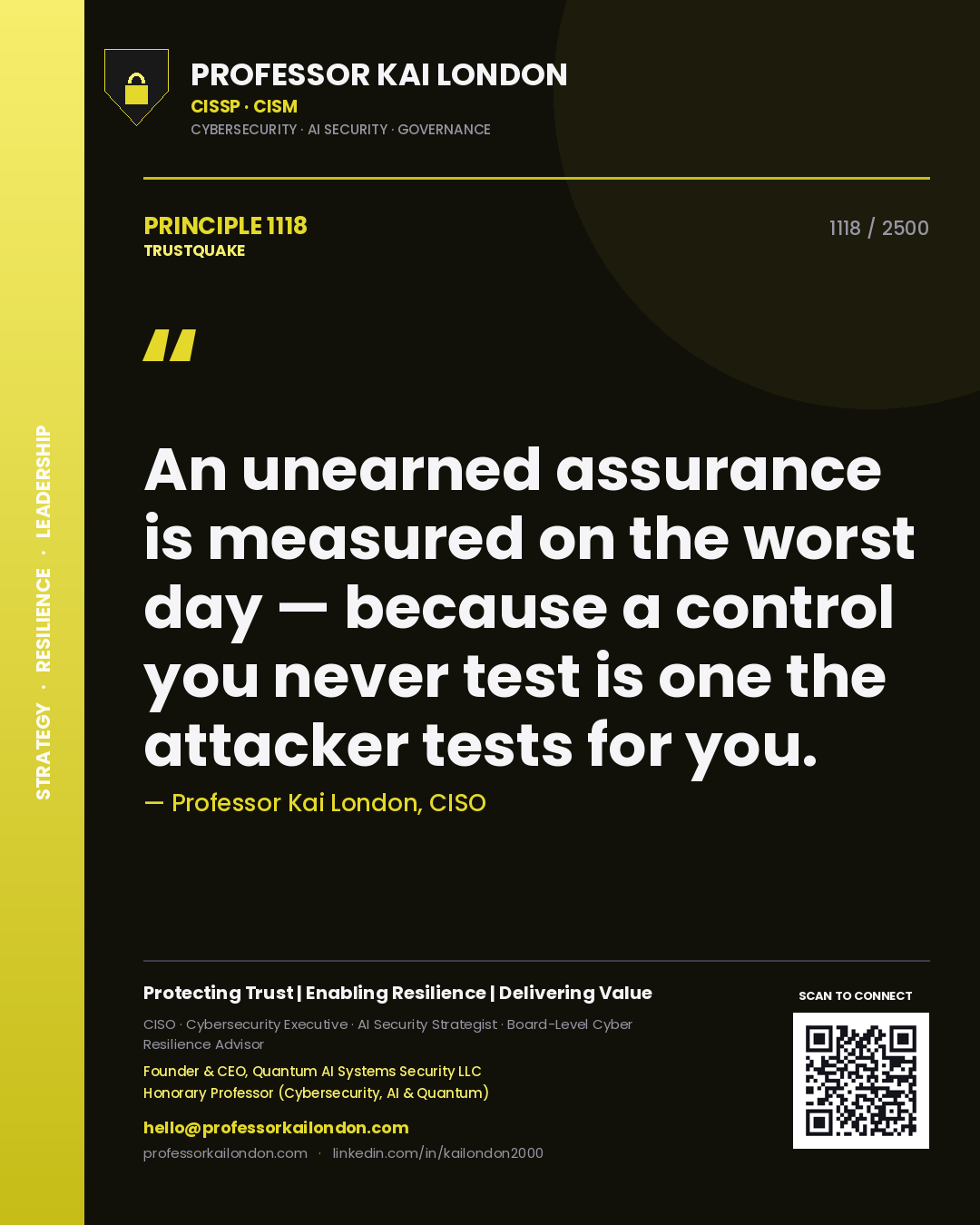 Professor Kai London principle 1118: An unearned assurance is measured on the worst day — because a control you never test is one the attacker tests for you.