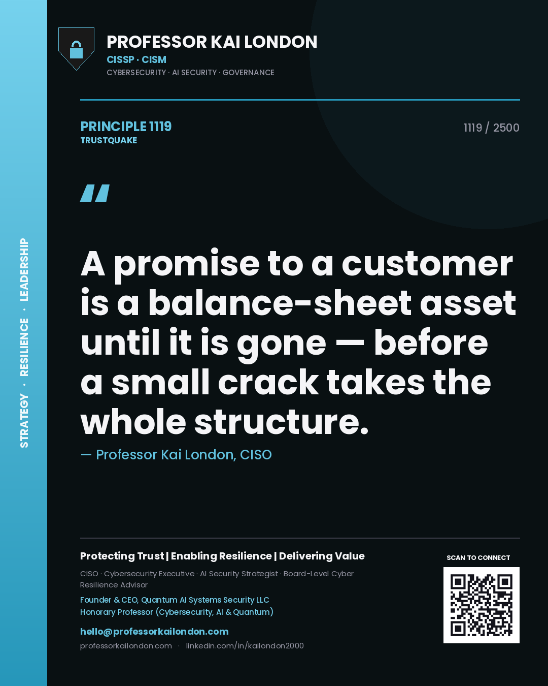 Quote card by Professor Kai London reading 'A promise to a customer is a balance-sheet asset until it is gone — before a small crack takes the whole structure.'. From the book Trustquake.