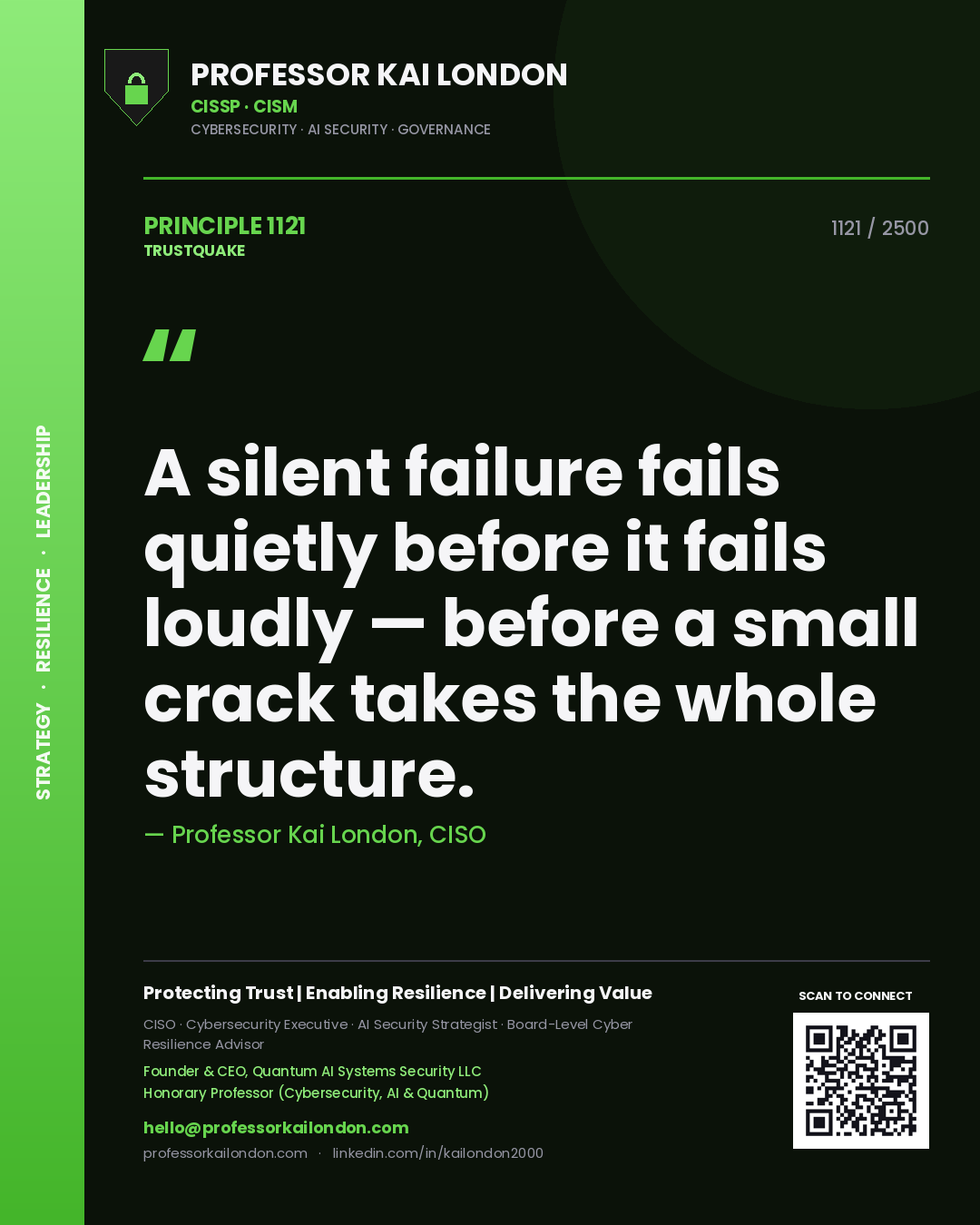 Professor Kai London principle 1121: A silent failure fails quietly before it fails loudly — before a small crack takes the whole structure.