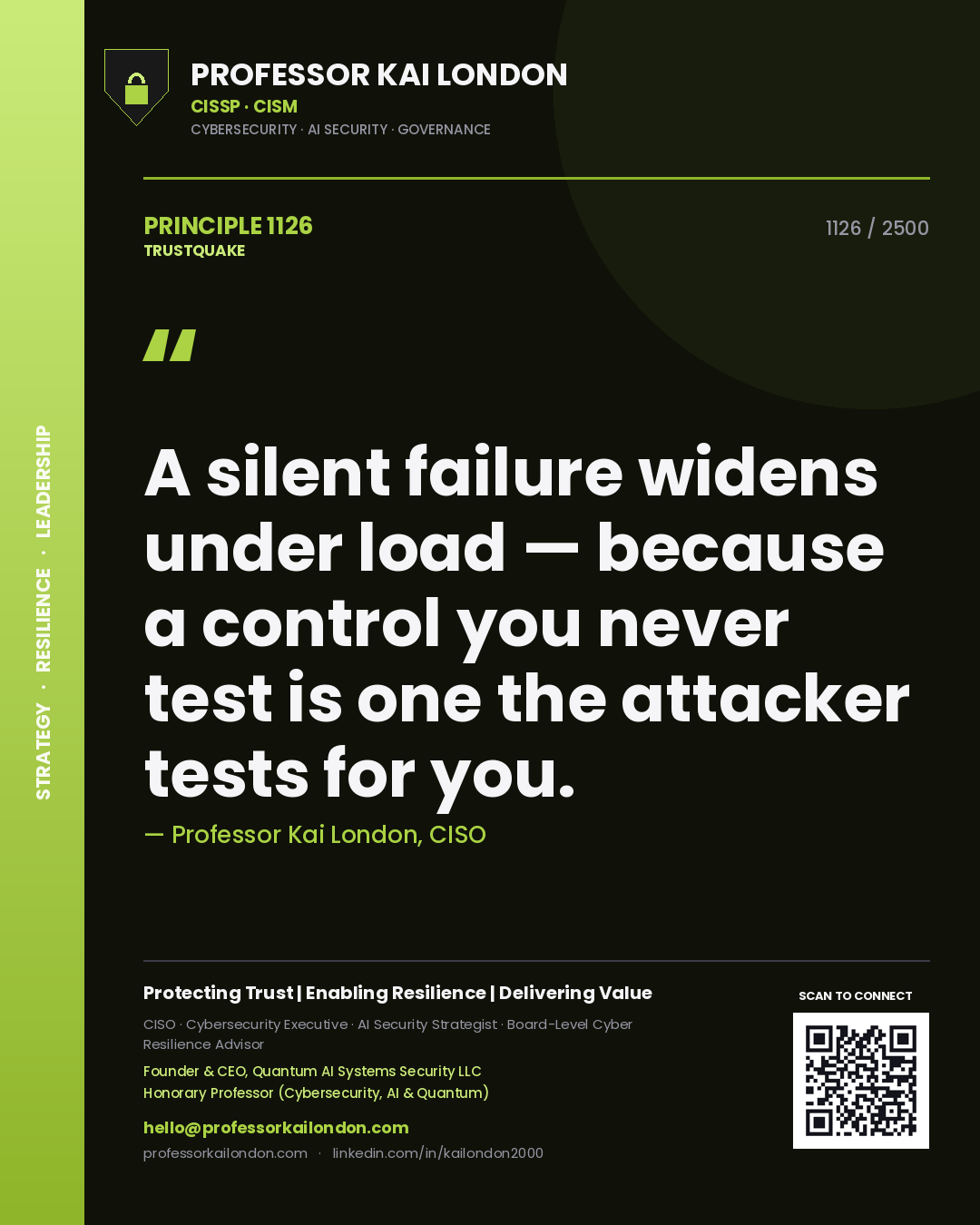 Professor Kai London principle 1126: A silent failure widens under load — because a control you never test is one the attacker tests for you.