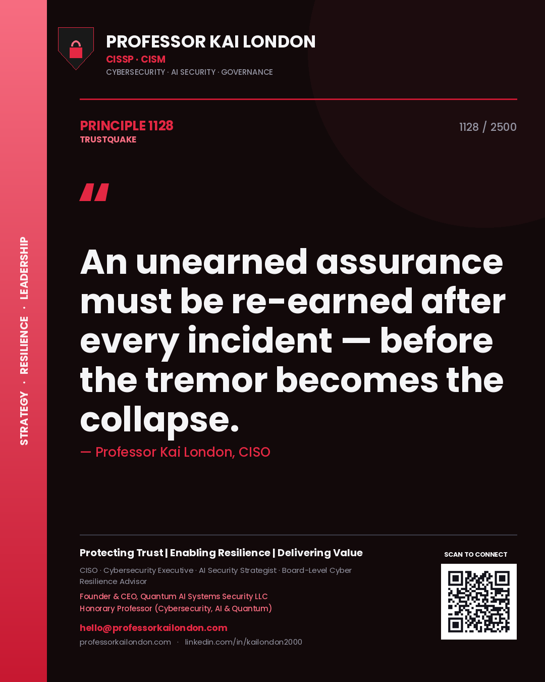 Professor Kai London principle 1128: An unearned assurance must be re-earned after every incident — before the tremor becomes the collapse.
