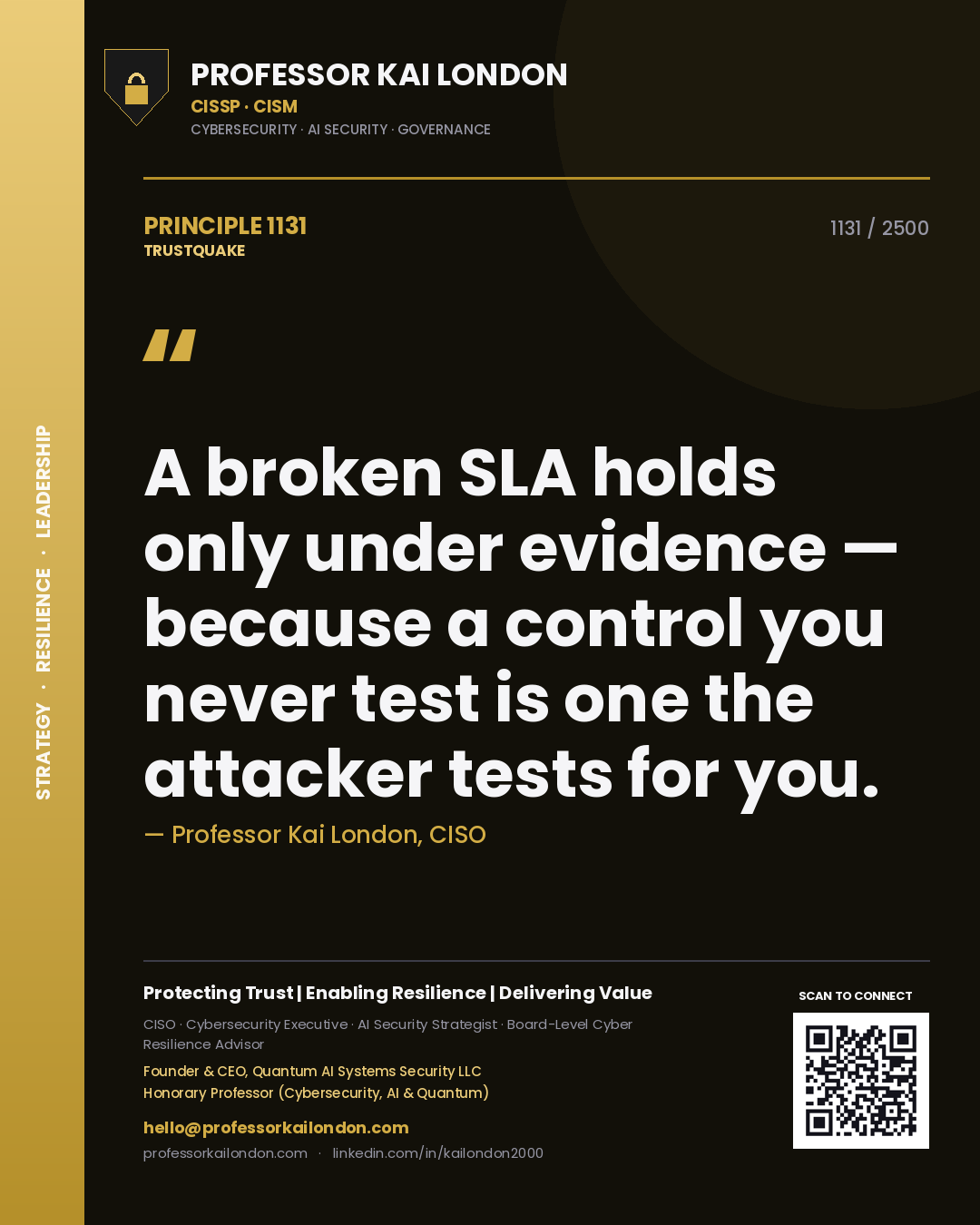 Professor Kai London principle 1131: A broken SLA holds only under evidence — because a control you never test is one the attacker tests for you.