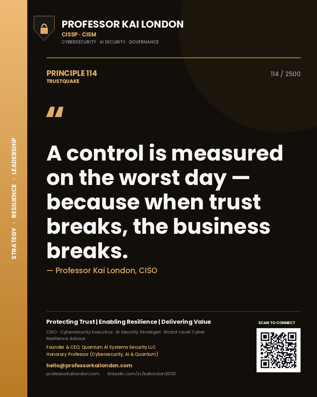 Quote card by Professor Kai London reading 'A control is measured on the worst day — because when trust breaks, the business breaks.'. From the book Trustquake.