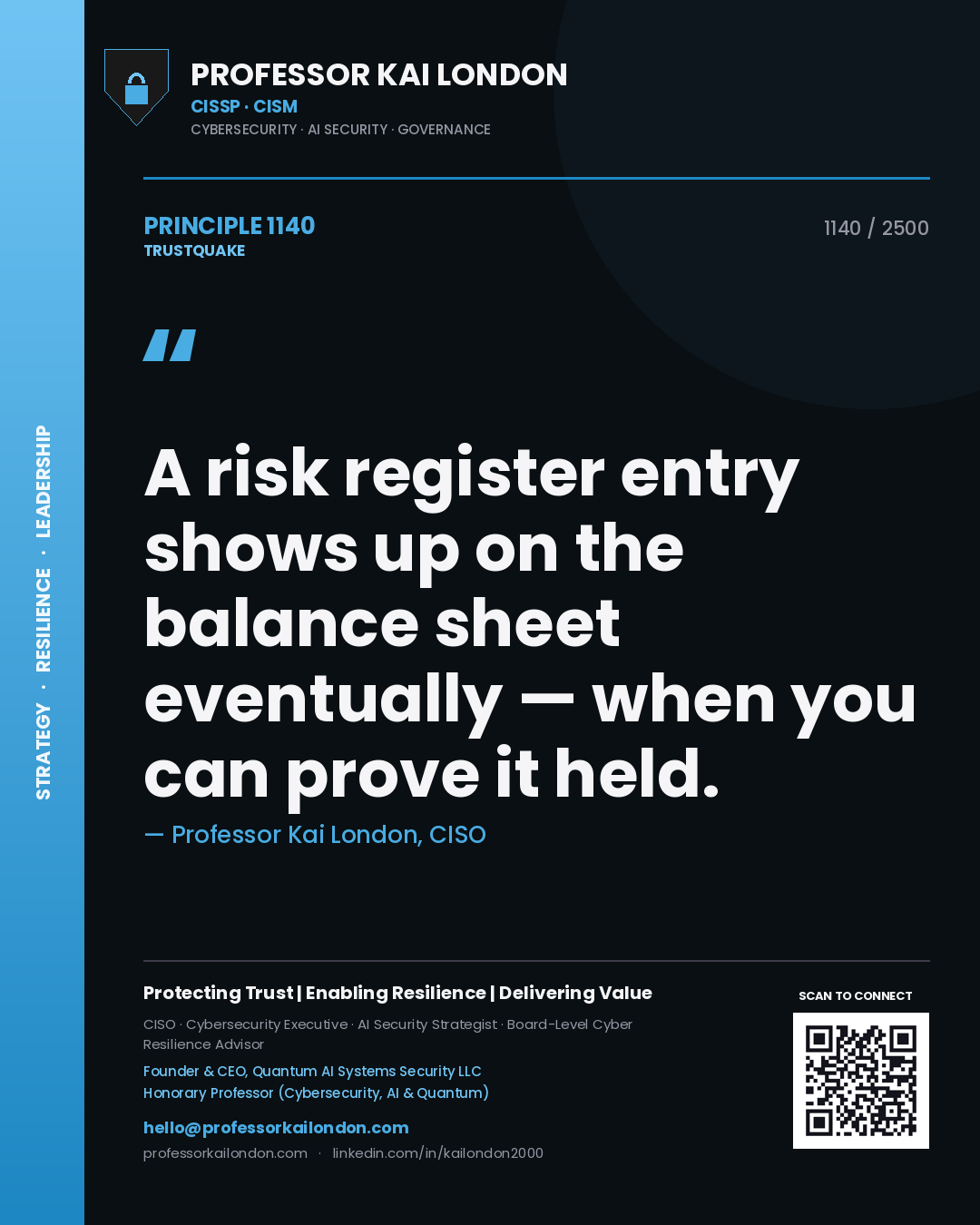 Professor Kai London principle 1140: A risk register entry shows up on the balance sheet eventually — when you can prove it held.